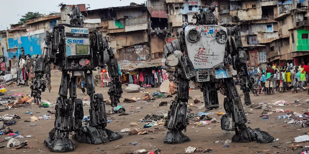 Image similar to giant mecha ROBOT of AJEGUNLE SLUMS of Lagos, writings and markings on robot,