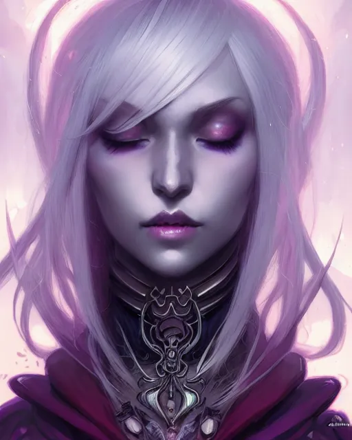 Image similar to portrait of an anime female drow necromancer, hd, illustration, epic, d & d, fantasy, intricate, elegant, highly detailed, digital painting, artstation, concept art, smooth, sharp focus, illustration, art by artgerm and greg rutkowski and alphonse mucha, monster hunter illustrations art book