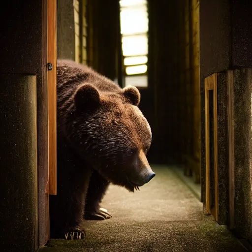 Image similar to dark photograph of a small bear mascot walking through a large wooden doorway