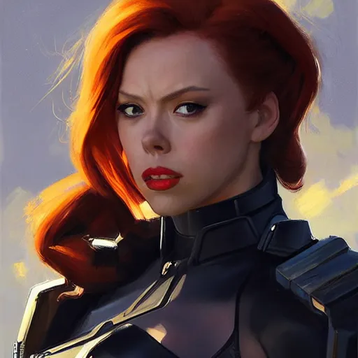 Image similar to greg manchess portrait painting of fully armored natasha romanova aka black widow as overwatch character, medium shot, asymmetrical, profile picture, organic painting, sunny day, matte painting, bold shapes, hard edges, street art, trending on artstation, by huang guangjian and gil elvgren and sachin teng