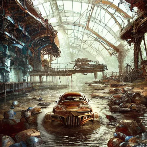 Prompt: A painting by an artist from the universe, depicting a scene in the most beautiful museum of this universe, by Klaus Wittmann and David Bates, style of futuresynth, dieselpunk, underwater photography