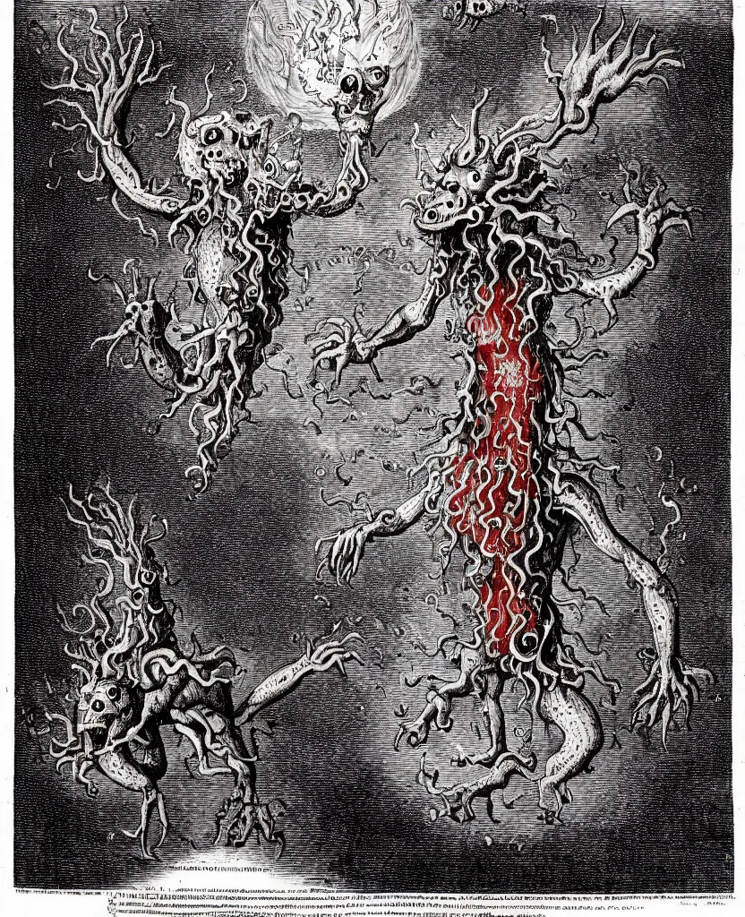 Image similar to fiery freaky whimsical monster creature sings a unique canto about'as above so below'being ignited by the spirit of haeckel and robert fludd, breakthrough is iminent, glory be to the magic within