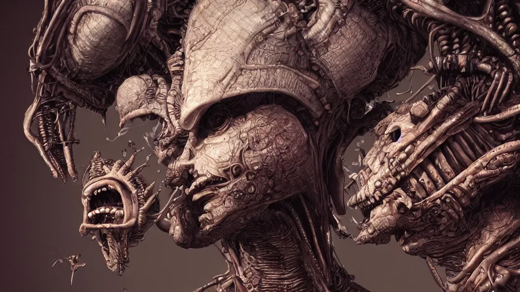 Prompt: aliens brainsucker cutting brains from head of aztec with ritual knife, perfect face, fine details, studio lighting, close view, subtle shadows, art by katsuya terada, photorealism, hyper realism, octane render, hyper detailed, medium shot, 8 k, raw, unedited, in - frame,