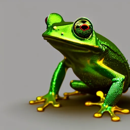 Prompt: a metallic biomechanical green tree frog, shiny, glowing eyes, octane render