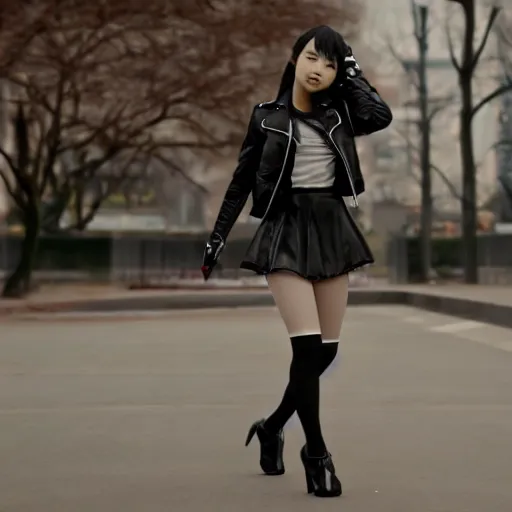 Image similar to a dynamic, epic cinematic 8K HD movie shot of a japanese young J-Pop idol girl wearing leather jacket, miniskirt, nylon tights and high heels boots. Motion, VFX, Inspirational arthouse