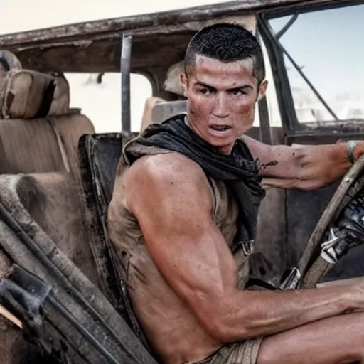 Image similar to cristiano ronaldo playing the guitar in mad max fury road ( 2 0 1 5 ), movie still,