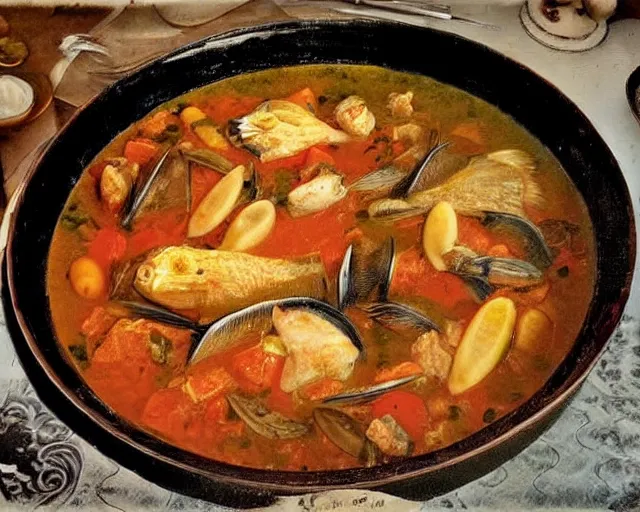 Prompt: rebecca's rank fish stew, 1 9 2 0 s photograph, colorized