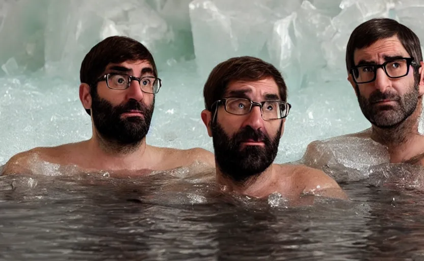 Prompt: Adam buxton and louis theroux in an ice bath, bath of ice, cold, odd, depth of field, photorealistic