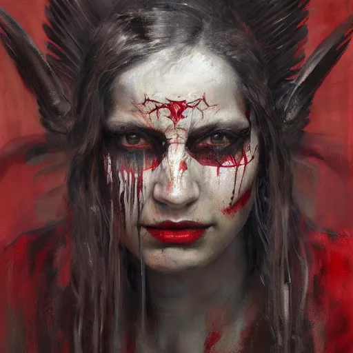 Prompt: portrait of the death angel, beautiful female face, angelic, dark, blood, by jeremy mann, by lucian freud, god rays, female indigenous warrior, warrior face painting red, wings, holding a weapon, intricate, highly detailed, trending on artstation, award winning, cinematic