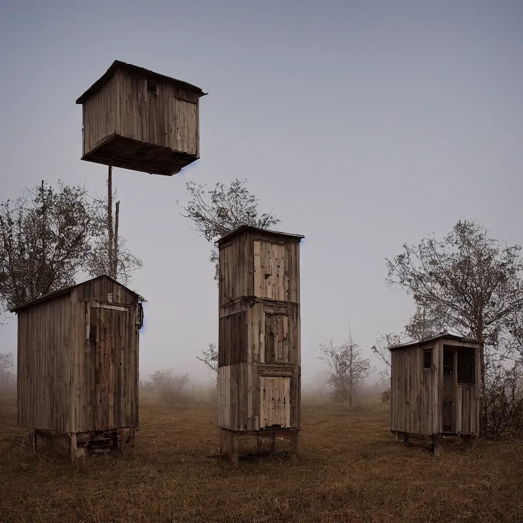 Image similar to two high towers, made up of makeshift squatter shacks with faded colours, plain uniform sky at the back, uneven fog, mamiya, fully frontal view, ultra sharp, very detailed, photographed by julie blackmon