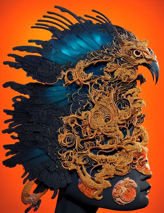 Image similar to 3 d goddess close - up profile portrait biomechanics with ram skull. beautiful intricately detailed japanese crow kitsune mask and clasical japanese kimono. betta fish, jellyfish phoenix, bio luminescent, plasma, ice, water, wind, creature, artwork by tooth wu and wlop and beeple and greg rutkowski. gold and black and teal and orange color scheme