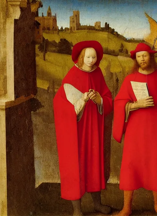 Image similar to fallen angels dressed in red reading the bible and arguing in Tuscany by Jan van Eyck, Hieronymus Bosch, Johannes Vermeer 4k post-processing, highly detailed medieval painting