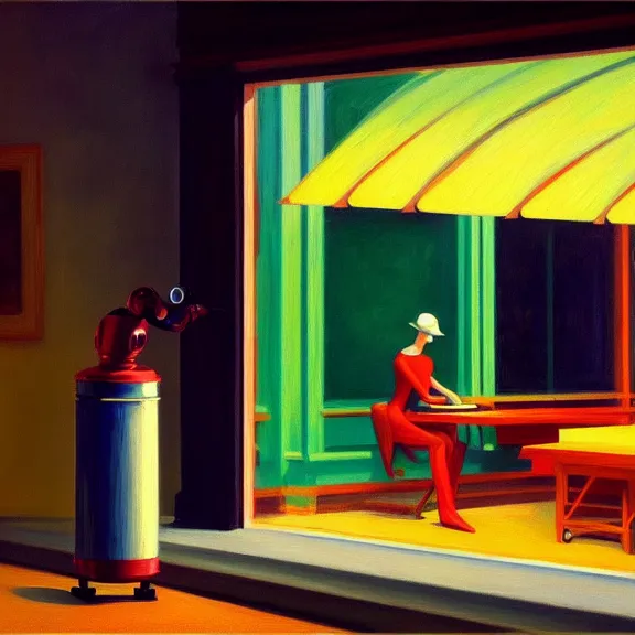 Prompt: beautiful illustration of a robot painting an artwork on a canvas with a paintbrush by Edward Hopper, clean lines, very detailed, colorful octane render