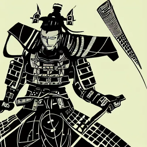 Prompt: a post - modern samurai cyborg in manga style, manga, black and white, japanese, action portrait art