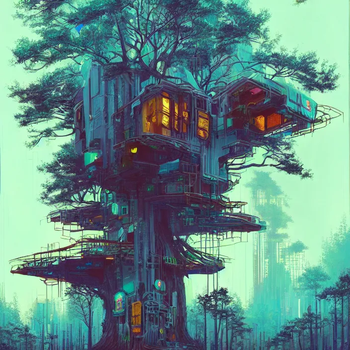 Prompt: a beautiful cyberpunk acrylic painting of a tree house in wild pine forest, by James Jean, trending on ArtStation, Beeple