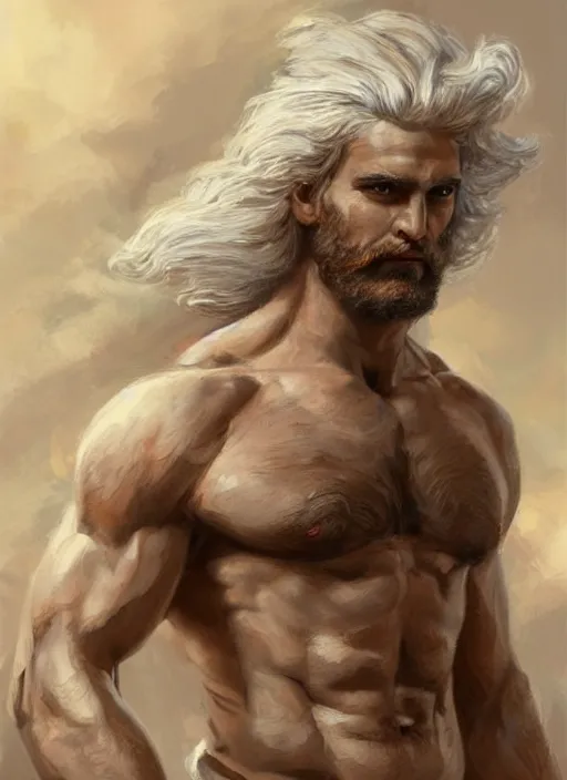 Image similar to painted portrait of rugged zeus, greek god, white hair, masculine, mature, handsome, upper body, muscular, hairy torso, fantasy, intricate, elegant, highly detailed, digital painting, artstation, concept art, smooth, sharp focus, illustration, art by gaston bussiere