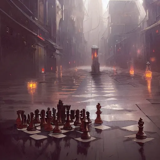 Image similar to concept art of a city whose inhabitants are chess pieces, by greg rutkowski