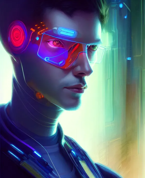 Image similar to a whirlwind inside the metaverse, guy, male, man, hologram, half body, neurochip, android, cyborg, cyberpunk face, by loish, d & d, fantasy, intricate, elegant, highly detailed, colorful, digital painting, artstation, concept art, art by artgerm and greg rutkowski and alphonse mucha