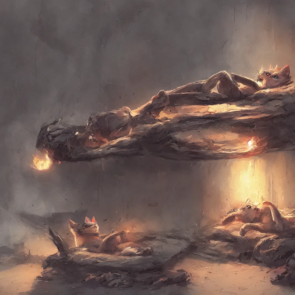 Prompt: cat laying on bed in under ground base, concept art, by greg rutkowski, fire