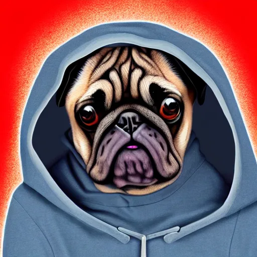 Prompt: a sad pug wearing a hoodie, the word ( sad ) is written on the hoodie in upper case letters, digital art, synthwave style, trending on artstation, matte painting