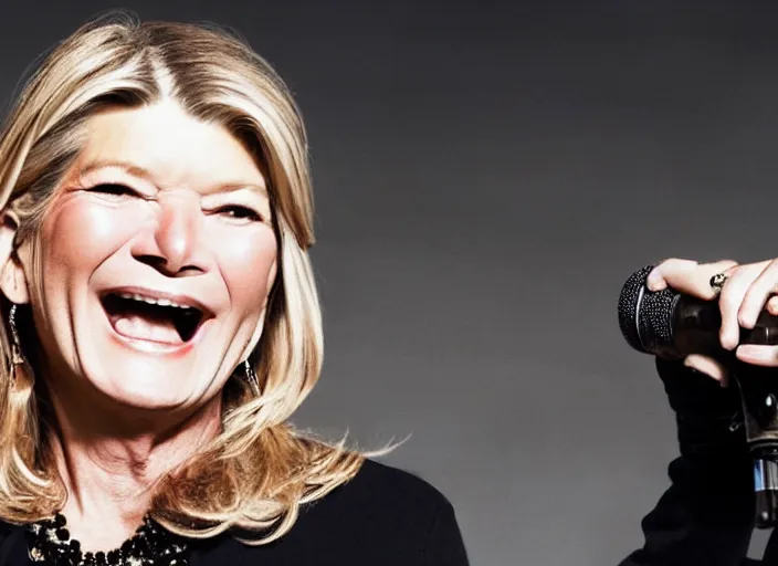 Image similar to publicity photo still of martha stewart in a death metal band playing live on stage, 8 k, live concert lighting, mid shot