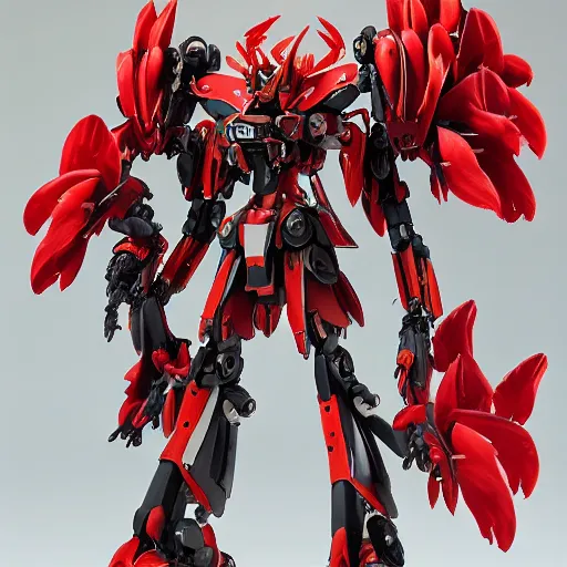 Image similar to futuristic chiranthodendron pentadactylon mecha devils hand body, sepals forming helmet, floral details, chiranthodendron, 8 k hd resolution, barbatos gundam with floral inlay, bandai box art, star wars, makoto kobayashi, frank gehry, raymond swanland