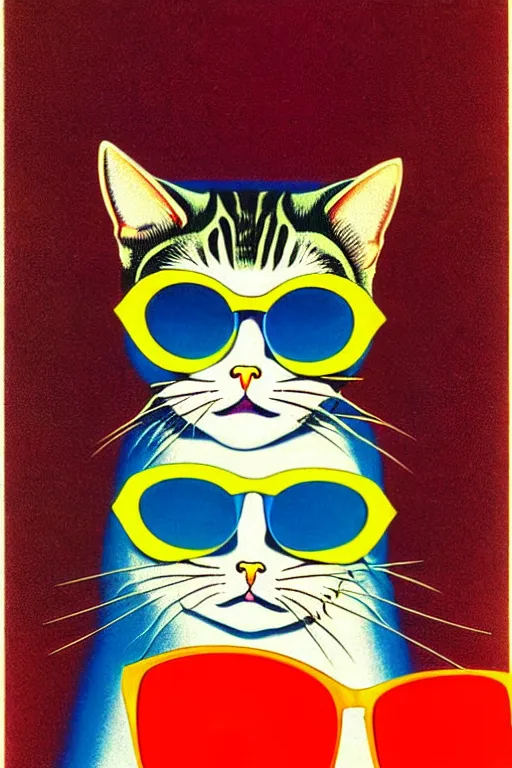 Prompt: by tadanori yokoo. cat wearing sunglasses. a 1 9 7 0 s retro illustration. detailed, sunburst