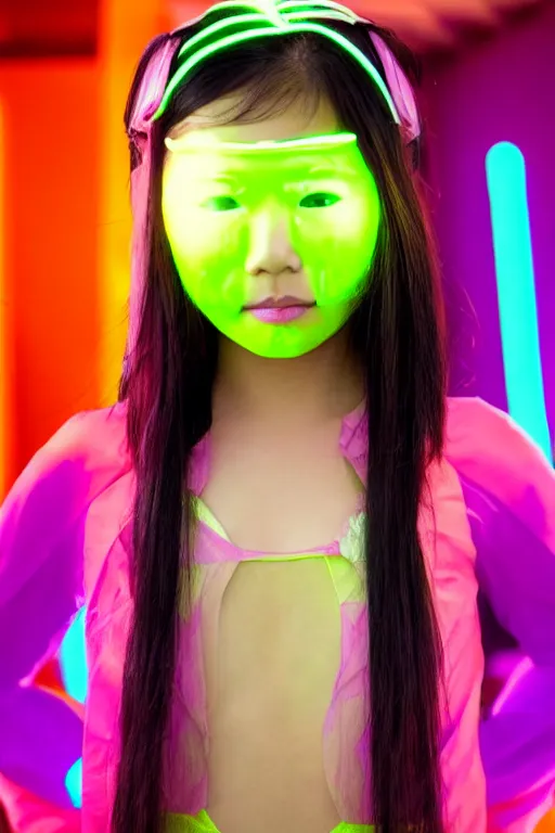 Prompt: young asian princess in neon cyberninja suite