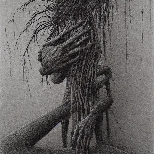 Prompt: grunge drawing of the one that hides in your room by - Zdzisław Beksiński, detailed, elegant, intricate, horror themed