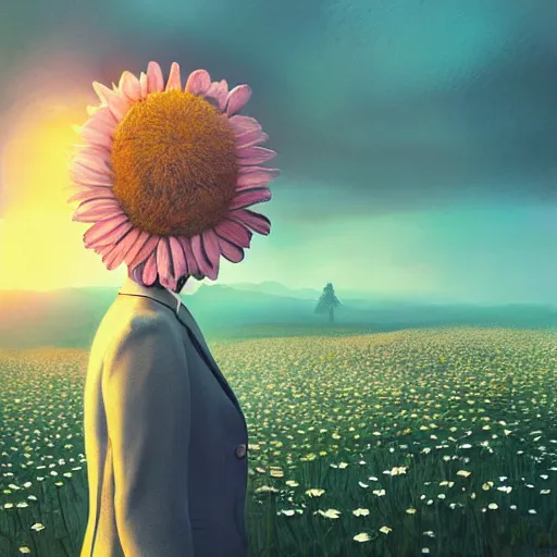 Image similar to giant daisy flower on head, frontal, girl in a suit, surreal photography, sunrise, dramatic light, impressionist painting, digital painting, artstation, simon stalenhag