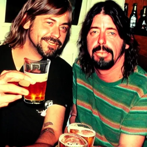 Prompt: Photo of Kurt Cobain and Dave Grohl sharing a beer in a bar