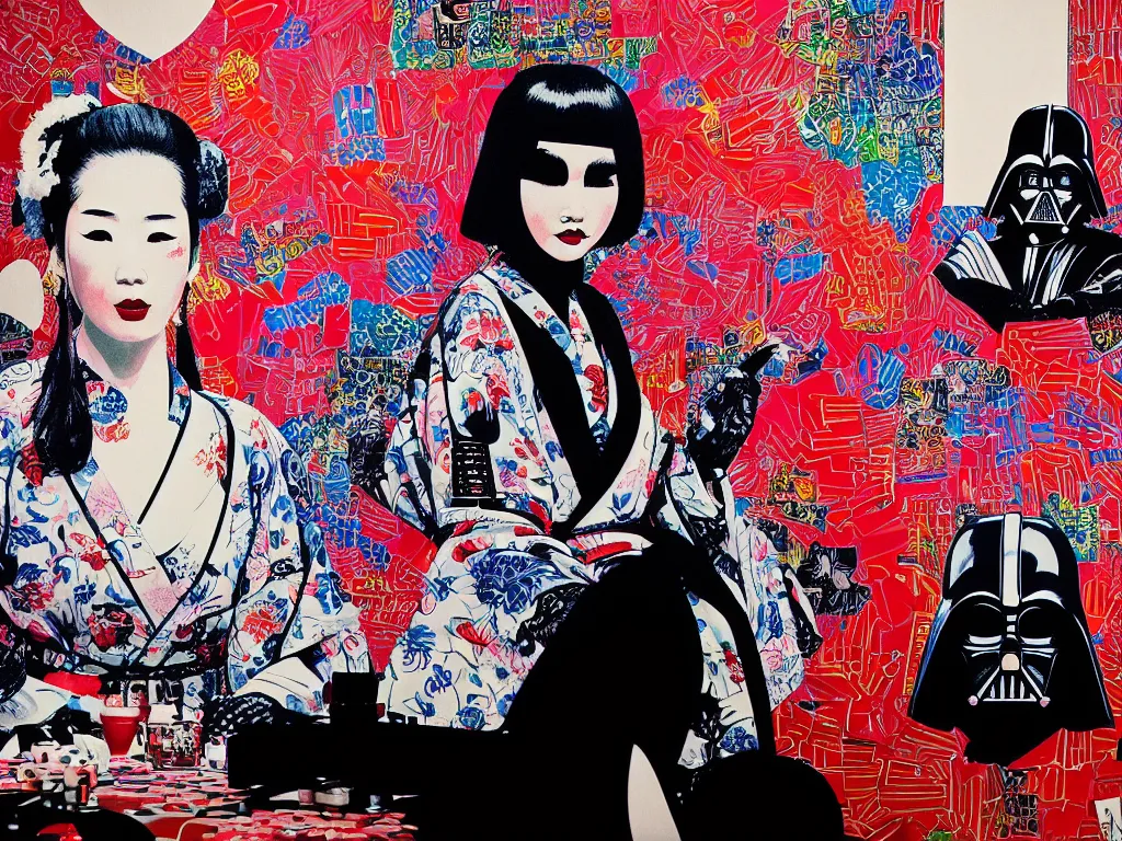 Image similar to hyperrealism composition of the detailed woman in a japanese kimono sitting at an extremely detailed poker table with darth vader, terminator, fireworks on the background, pop - art style, jacky tsai style, andy warhol style, acrylic on canvas