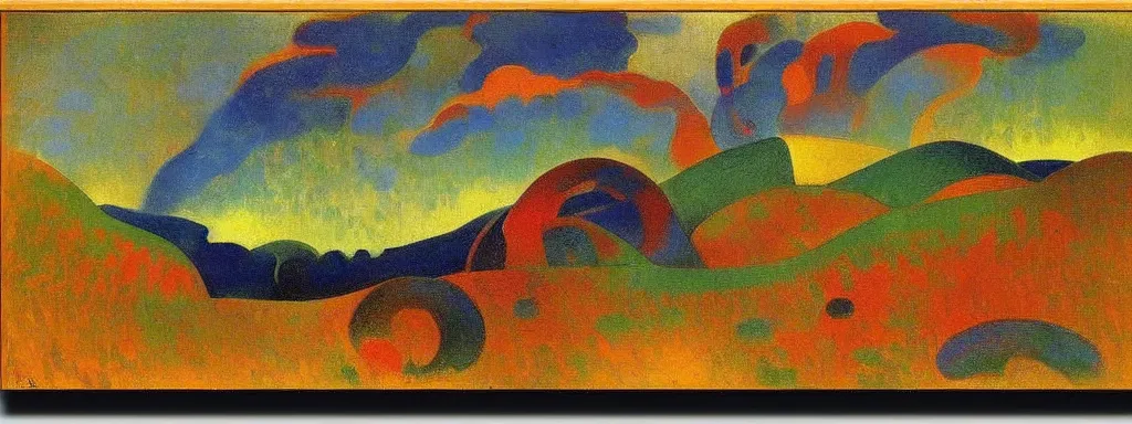 Image similar to An insane, modernist landscape painting. Wild energy patterns rippling in all directions. Curves, organic, zig-zags. Mountains, clouds. Rushing water. Waves. Psychedelic dream world. Odilon Redon. Andre Derain.