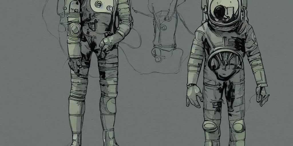 Image similar to male, full body, modern space suit, intriguing helmet, very stylized character design, large shoulders, short torso, long thin legs, tiny feet, science fiction, hyperdetailed, technical suit, dieselpunk, watercolor digital painting, in the style of mike mignola, by alex maleev, jean giraud