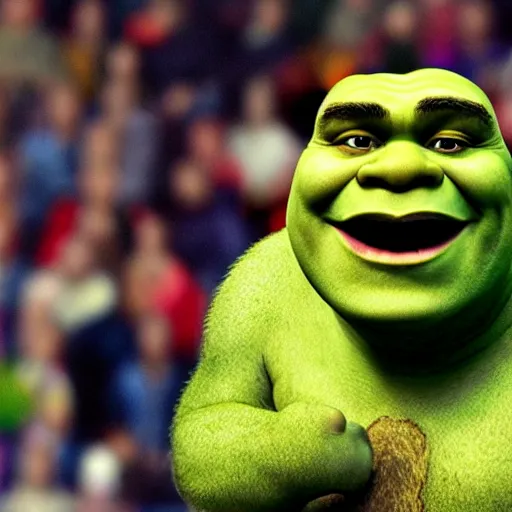 Image similar to shrek!! imposing stature in the center of a football match