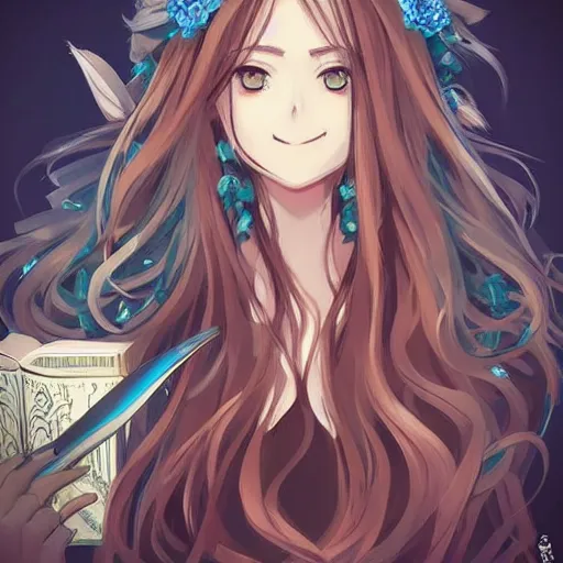 Image similar to “A detailed gorgeous beautiful anime woman with brown flowing hair, long blue-cape, decorative leather armor, great proportions, excellent detail, surrounded by a catacomb of books, high quality, Full-body character portrait, in the style of rossdraws”