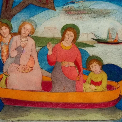 Image similar to The conceptual art depicts a group of well-dressed women and children enjoying a leisurely boat ride on a calm day. The women are chatting and laughing while the children play with a toy boat in the foreground. by Phoebe Anna Traquair flowing