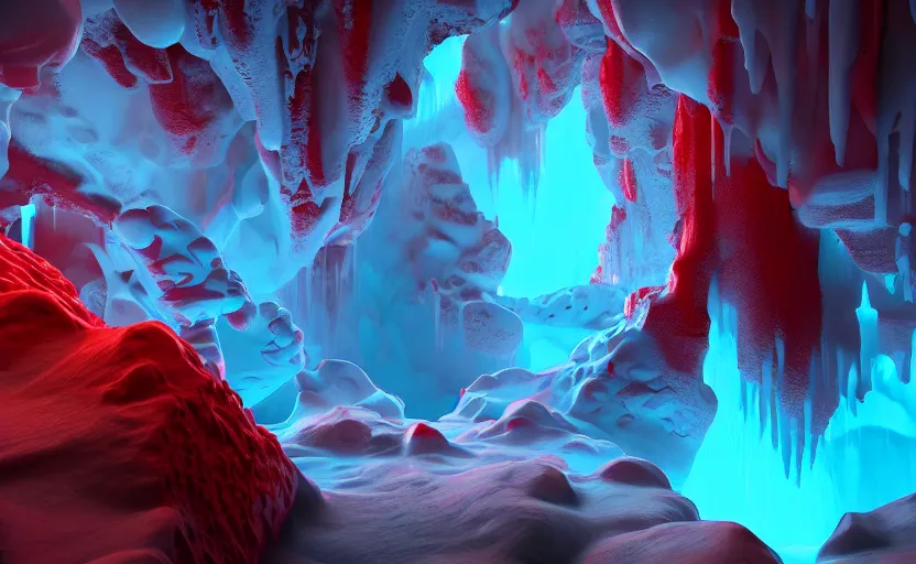 Prompt: liquid nitrogen and with red water-cooling coolant flowing through latent representations of ice caverns by centrifugal forces, gaming pc RGB components sticking out the walls!!!!, high detail, high contrast, low-poly elements!!!, trending on artstation, octane render, subsurface scattering, 4k