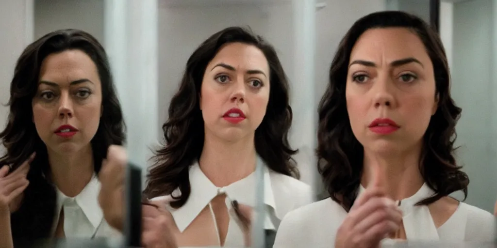 Prompt: ultra wide angle photo of aubrey plaza dressed in a white blouse and black dress pants as diana prince looking at herself in a bathroom mirror and seeing her reflection as wonder woman