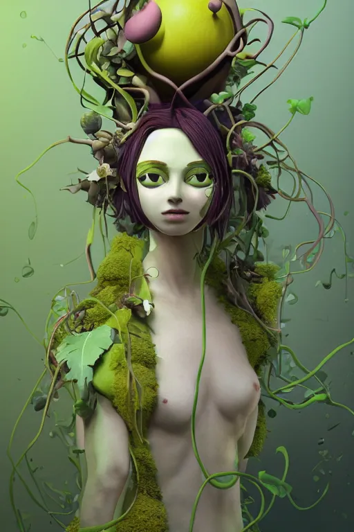 Prompt: nonbinary model, subject made of cracking brown clay, vine headdress, moss patches, 2 0 mm, with pastel yellow and green oddish bursting out, melting into lilligant, delicate, beautiful, intricate, houdini sidefx, by jeremy mann and ilya kuvshinov, jamie hewlett and ayami kojima, bold 3 d