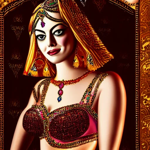 Image similar to a portrait of emma stone dressed as a belly dancer, arabian night, high quality, fully detailed, 4 k, in focus face with fine details, realistic hand details and anatomy, inspired by belly dancer shakira