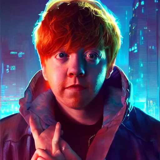 Image similar to portrait of Rupert Grint as Ron Wisly in cyberpunk, neon lighting, night city, digital art from artstation by Ruan Jia and Mandy Jurgens and Artgerm and william-adolphe bouguereau and Greg Rutkowski