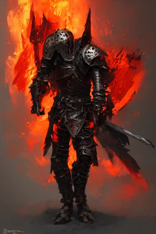 Prompt: a full body character design of an undead knight, flaming, burnt armor, dark, high detail, gritty texture, Artstation, Ruan Jia