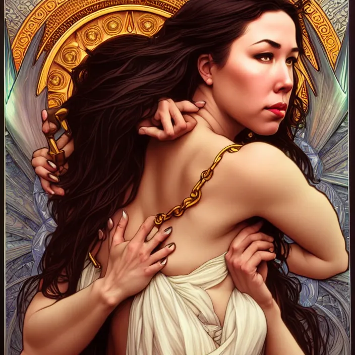 Image similar to jodi arias, goddess of vengeance, tarot card, highly detailed, digital painting, smooth, sharp focus, illustration, ultra realistic, 8 k, art by artgerm and alphonse mucha