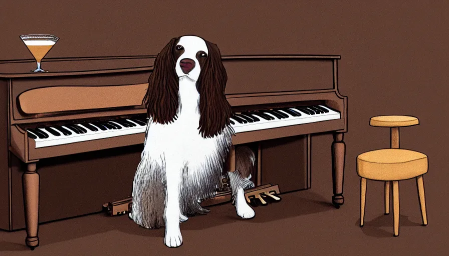 Prompt: brown and white sprocker , sat down playing a piano.modern. Martini on the side, detailed illustration. Concept art, Artwork.