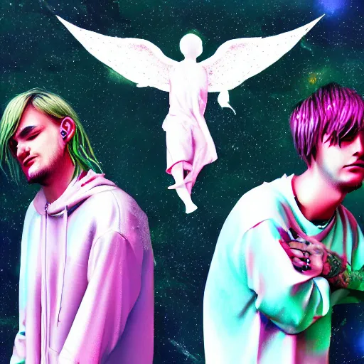 Image similar to Lil Peep and Juice Wrld as angels in heaven, digital art, artstation, hyperrealistic, detalied, high quality,8K,