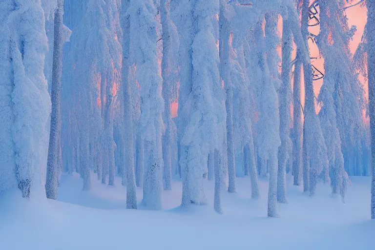 Prompt: lapland, cannon snow covered trees, volymetric light, ethereal, dusk, by noah bradley and john howe