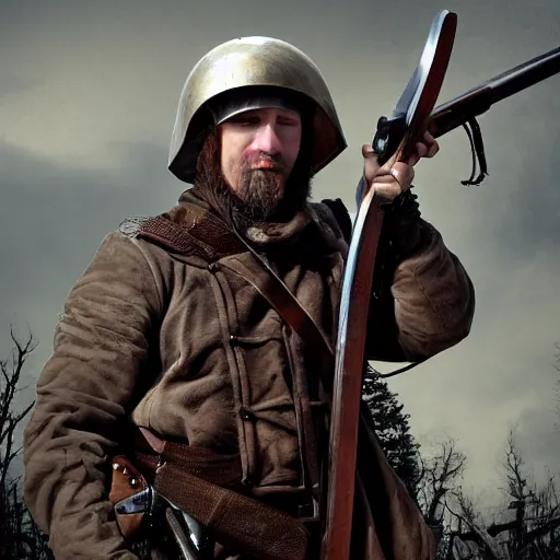 Image similar to Photo of a man wearing a combat helmet on his head holding a musket, postapocalyptic