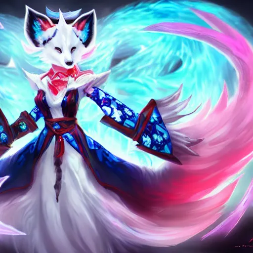 Image similar to league of legends splash art, white and blue, nine-tailed fox, kitsune, asian girl in red and white traditional chinese dress with black fox ears and nine white fox tails, black hair, glowing magical blue spirit orb, forest, shadowy