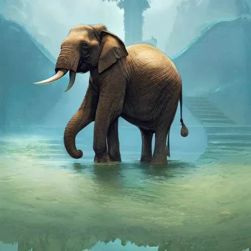 Image similar to an elephant discovering the lost city of atlantis,digital art,detailed,ultra realistic,art by greg rutkowski